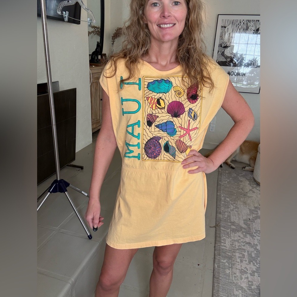 Vintage PSI OS Maui Beach Cover Up Dress Yellow Shell Graphic 90s USA Made